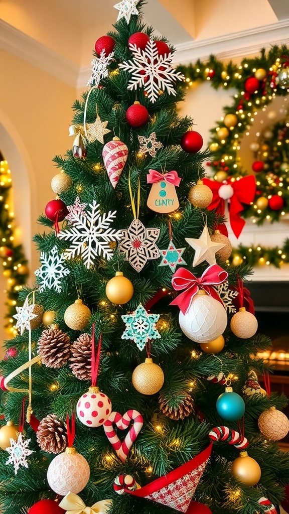 A Christmas tree decorated with DIY ornaments like snowflakes, salt dough, and pinecones in a festive living room.